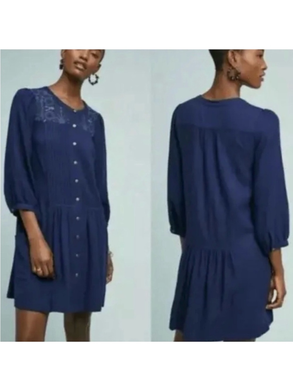 Anthropologie Dubois Embroidered Tunic Dress Navy Blue Boho Size 6